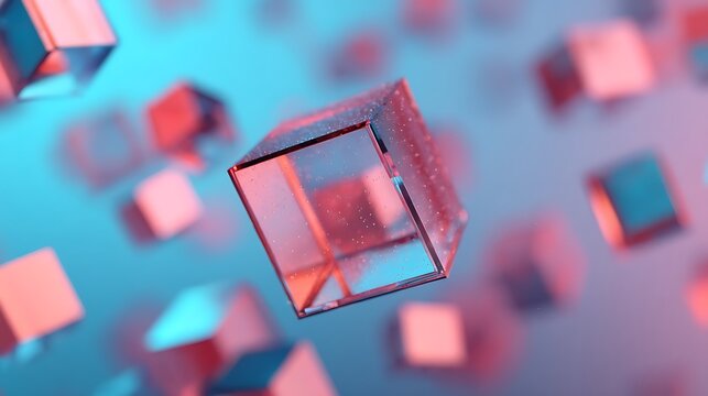 Transparent cubes float in a soft, colorful 3D space with pink and blue lighting, creating a futuristic and abstract visual effect.