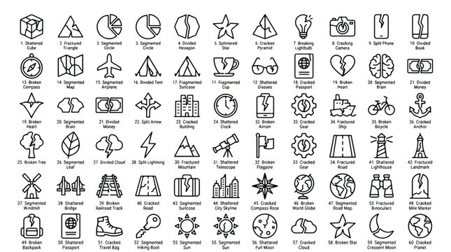 Collection of various broken and fractured objects icons in black and white