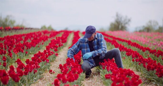 Man walking through rows of blooming red tulips