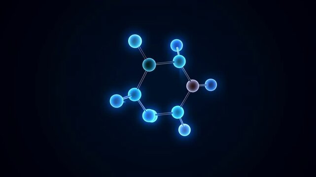 Glowing blue hexagonal molecule structure floating on dark blue background