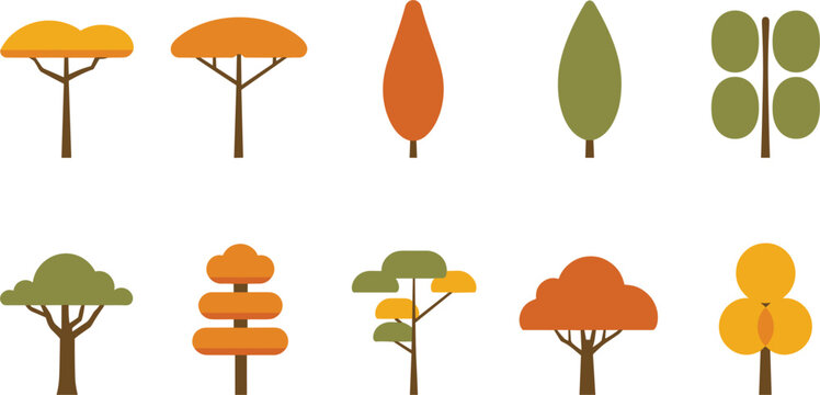 Minimalist Flat Autumn Tree Icons Set with Orange Yellow and Green Foliage for Architecture Master Plans Fall Season Graphics and Infographics