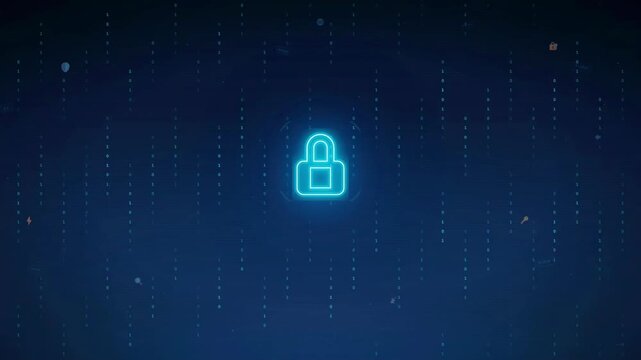 Digital padlock icon glowing on a dark blue background with abstract data stream particles