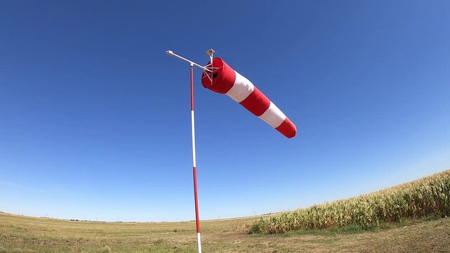 A red and white striped windsock inflated by a strong wind at an airfield