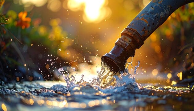 A close-up of a rusty pipe leaking water into a puddle