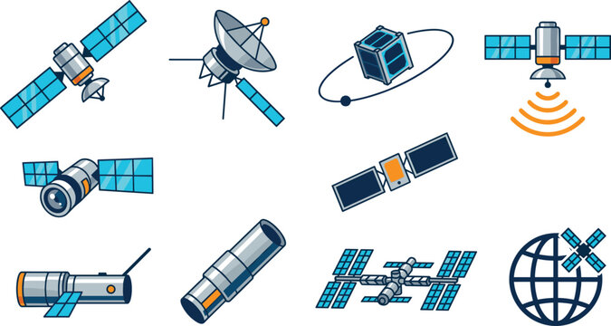 Satellite and Space Station Vector Icon Set with Communication Dishes Cubesat Orbiting Globe and Aerospace Technology Elements for Global Network Designs
