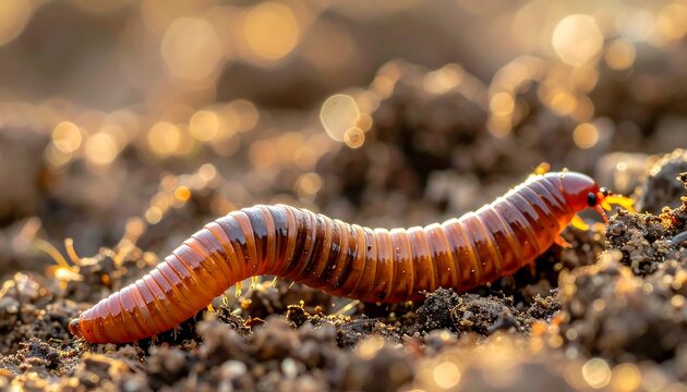 A close-up of a reddish-brown, segmented worm on damp soil