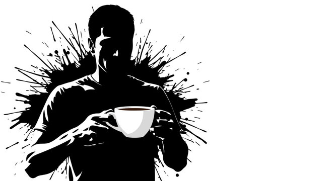 Man holding a coffee cup with abstract ink splash behind him.