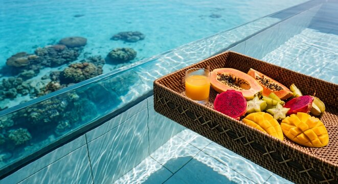 Luxury Floating Breakfast with Tropical Fruits by the Pool