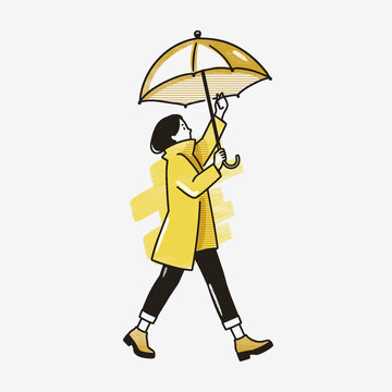 Rainy Day Woman in Yellow Coat Holding Umbrella Illustration 06
