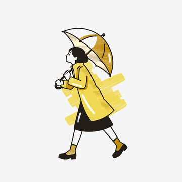 Rainy Day Woman in Yellow Coat Holding Umbrella Illustration 04