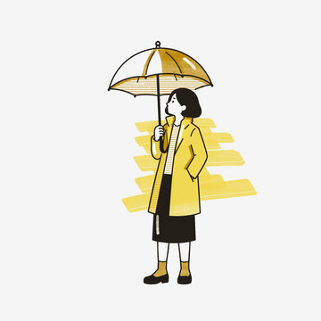 Rainy Day Woman in Yellow Coat Holding Umbrella Illustration 05