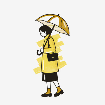 Rainy Day Woman in Yellow Coat Holding Umbrella Illustration 03