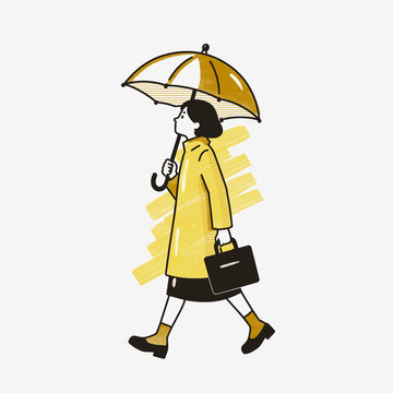 Rainy Day Woman in Yellow Coat Holding Umbrella Illustration 02