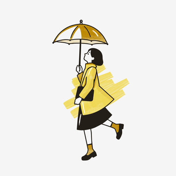 Rainy Day Woman in Yellow Coat Holding Umbrella Illustration 01