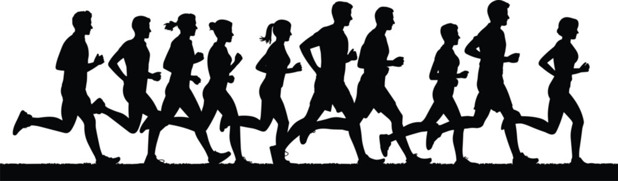 Diverse group of male and female runners in silhouette running side by side on a grassy field marathon