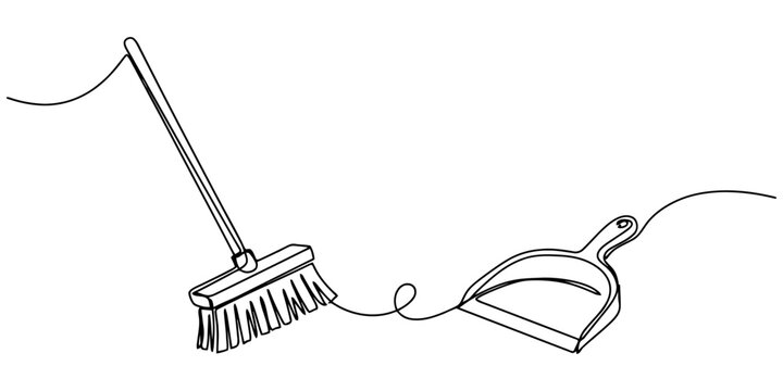 Continuous single line drawing of a broom and dustpan for house cleaning Vector, illustration
