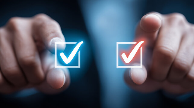 Two fingers selecting check mark boxes on a virtual screen, representing digital approval, verification and online decision making
