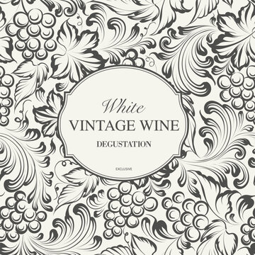 Exclusive white vintage wine label. Vertical badge with grape leaves
