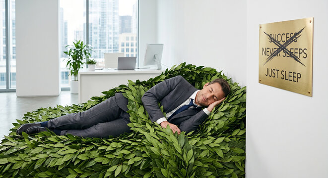 Office worker asleep on a bed of bay leaves in a surreal corporate illustration symbolizing &ldquo;resting on one&rsquo;s laurels&rdquo;