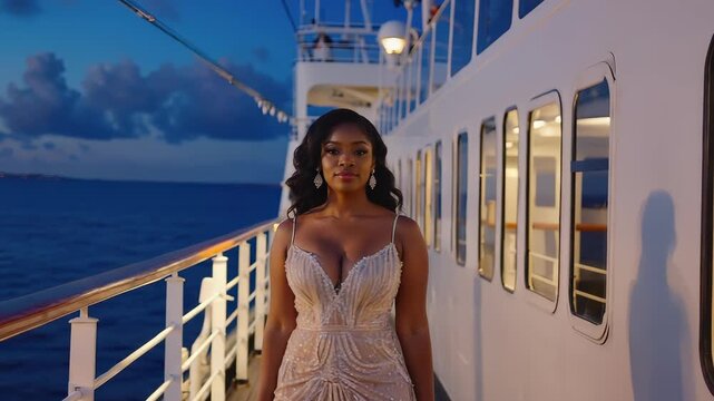Stunning young Black woman in a glamorous white embellished dress posing on a boat deck at sunset over the ocean
