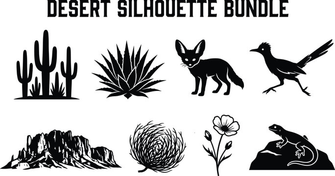 Collection of black desert wildlife and landscape silhouettes featuring cactus, mesa, fox, roadrunner, tumbleweed, and lizard