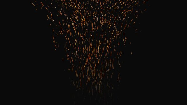 Fire sparks and glowing embers rising in a fountain spray pattern with bright orange particles on black background for cinematic transition overlay.