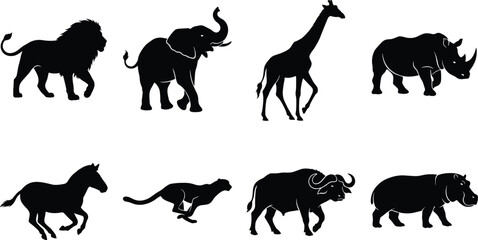 Collection of African safari wild animal silhouettes including lion, elephant, giraffe, rhino, and zebra for graphic design © Designer Arif