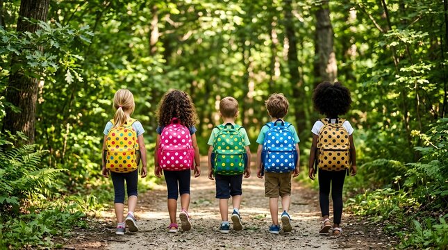 Children walking to school on forest path back view
