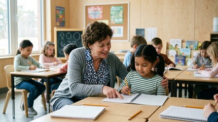 Fototapeta premium Female teacher gently holds a little schoolgirl by the shoulder and helps her write in a notebook in a lesson in a modern elementary school.