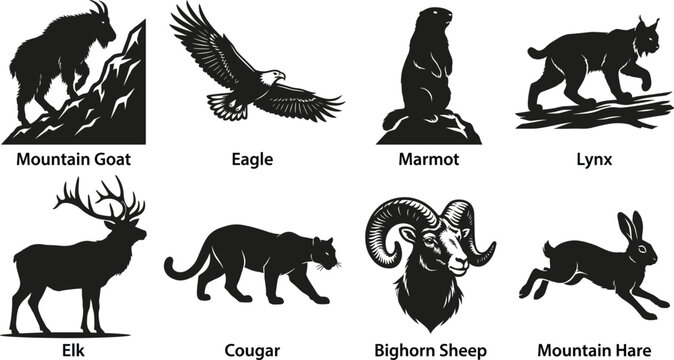 Set of black and white mountain animal silhouettes featuring eagle, elk, mountain goat, lynx, cougar, and hare