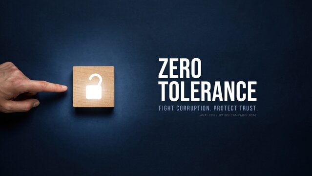 A hand points to a glowing padlock on a dark background with zero tolerance text