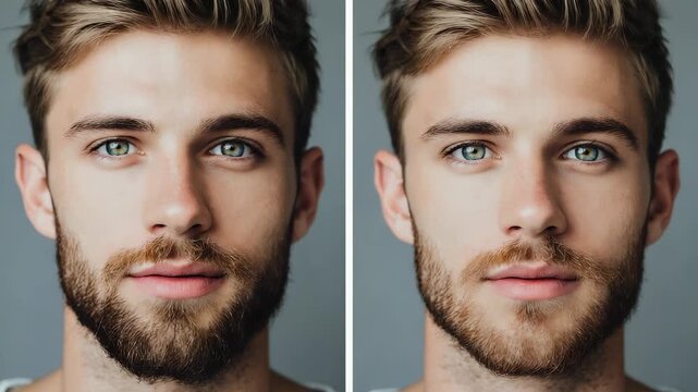 Handsome young adult man with light brown hair and full beard looking directly at the camera in a professional studio portrait.