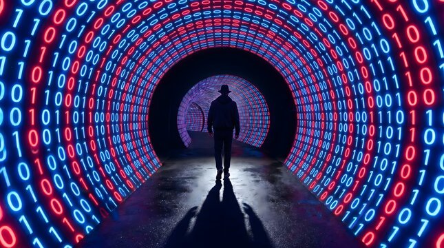 Man walking through tunnel of binary code data stream