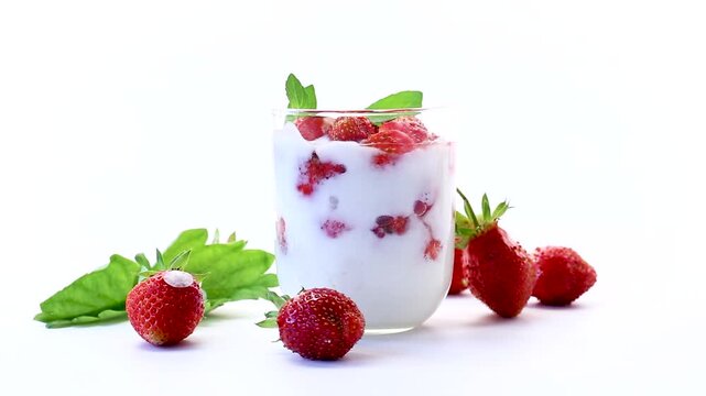 Fresh strawberry yogurt dessert isolated on white background