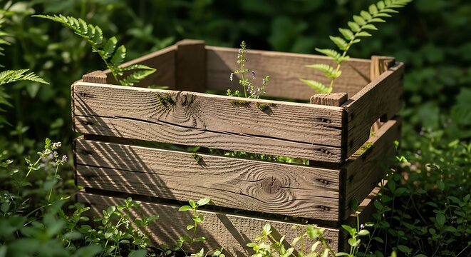 Rustic wooden crate filled with green plants in a garden. caja de mader 