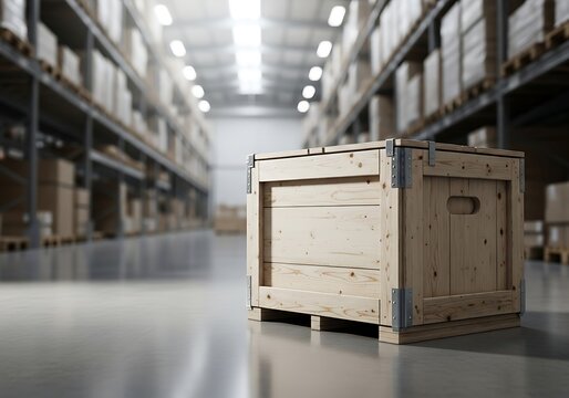 Wooden crate in a large warehouse with shelves of boxes. caja de mader 