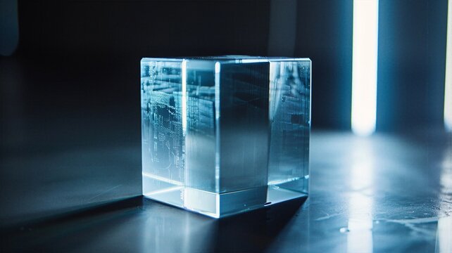 Minimalist clear glass cube illuminated by bright neon lights on dark surface for modern tech concepts, product display podiums, and backgrounds.
