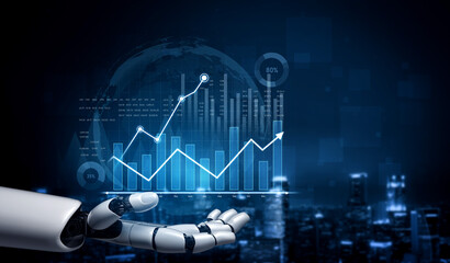 Naklejka na ściany i meble A futuristic robot hand presents a dynamic digital graph with data trends in a high-tech urban environment, symbolizing innovation and advanced analytics. Scalp