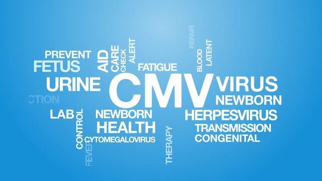 Cytomegalovirus CMV  concept Animated Tag Word Cloud kinetic typography, Text Design Animation typography seamless loop video motion graphics Intro Wordart arrangement blue background bg backdrop