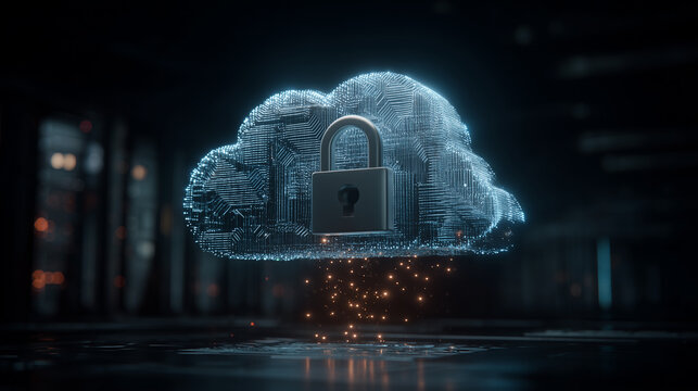 A secure cloud with a padlock appears in a digital environment, symbolizing protected cloud storage, data privacy, and trusted online infrastructure.
