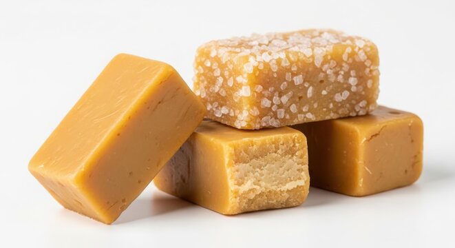 Closeup of delicious pieces of salted caramel fudge isolated on white background