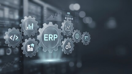 Fototapeta premium ERP system gears with business icons and code symbols