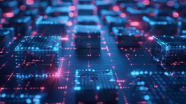 Abstract futuristic microchip city with glowing pink and blue lights for data processing concepts.