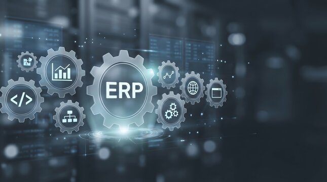 ERP system gears with business icons and code symbols