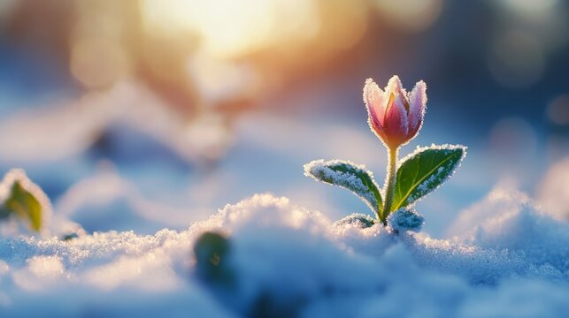 close up of flower emerging through snow, resilience concept, generative ai