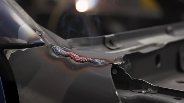 Welding bead on a vehicle chassis demonstrates precision metalwork during an industrial repair process.