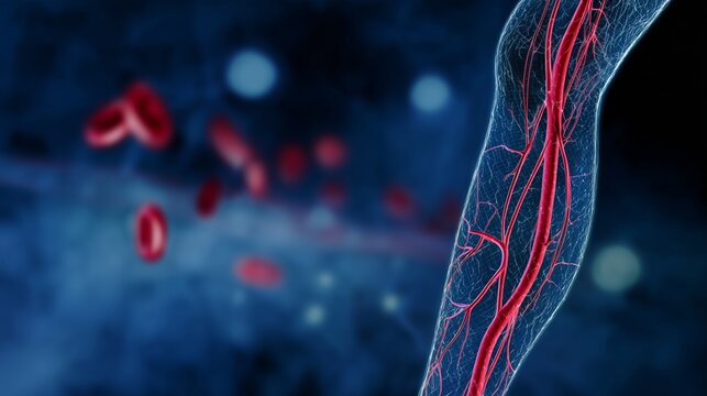 Illustration shows leg arteries affected by peripheral arterial disease with detailed blood flow depiction