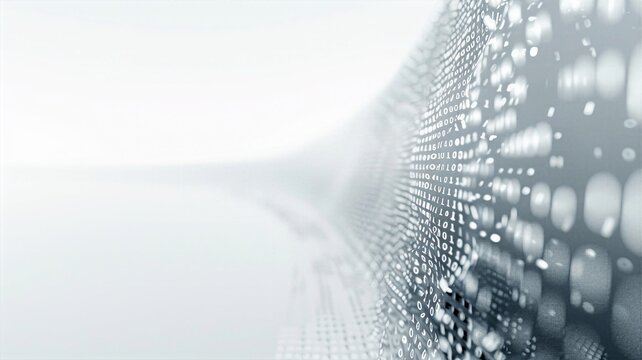 Macro perspective of white binary code wall with soft bokeh for modern cybersecurity concepts.