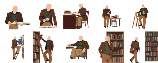 Flat vector illustration set of a senior man researcher or professor in a library, reading books, writing, and searching in bookshelves © kacang