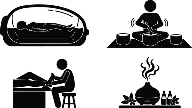Wellness Icons Set: Float Tank, Meditation, Massage, Aromatherapy, Spa, Health, Relaxation, Self-Care, Vector Graphics